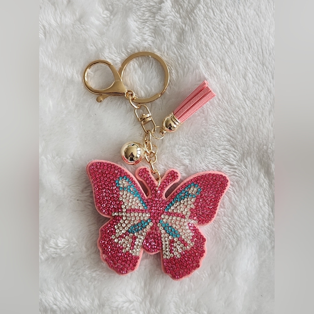 Pink Butterfly Keychain Beautiful Rhinestone Bag Charm